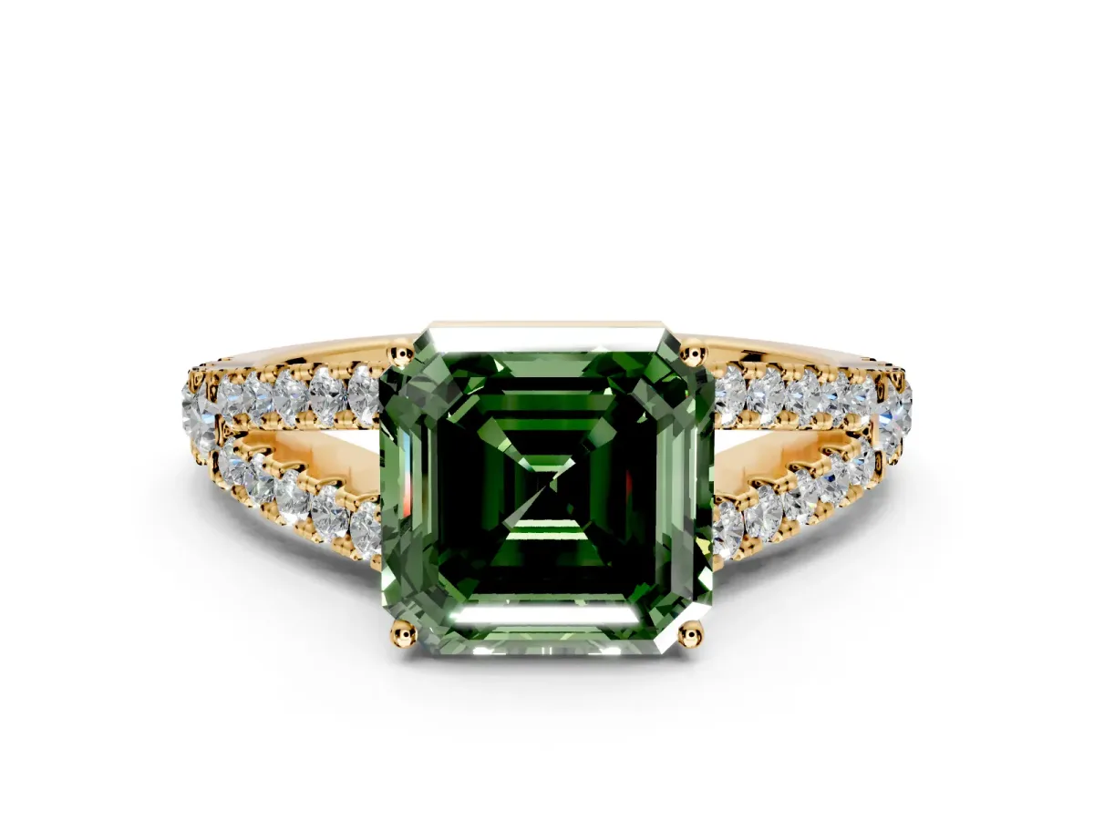 Solitaire Engagement Ring Setting for Fancy Green Asscher Cut Center with Pave Split Shank and Prong Head in Yellow Gold