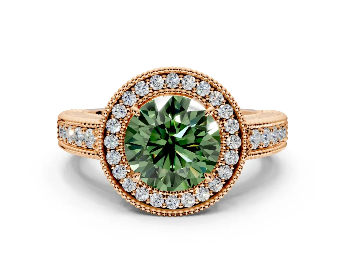 Milgrain Halo Engagement Ring Setting for Fancy Green Round Cut Center with Pave Band and Prong Head in Rose Gold