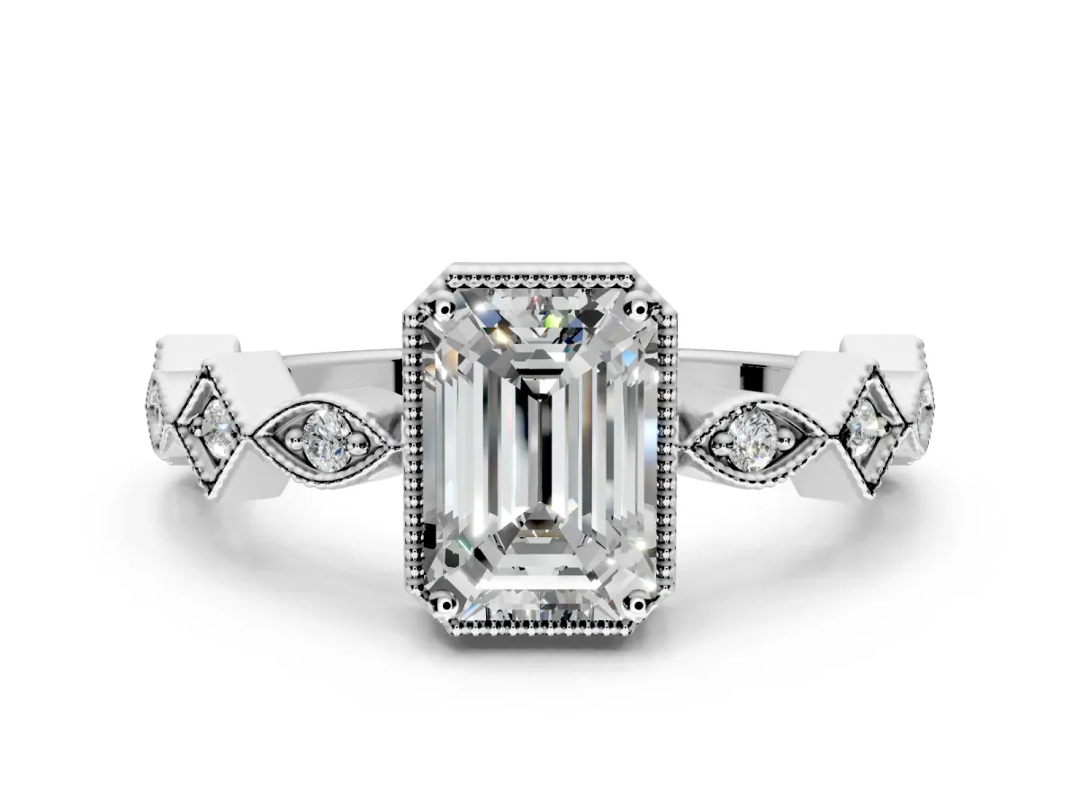 Milgrain Bezel Engagement Ring Setting for Emerald Cut Center with Marquise Stations and Bezel Head in Platinum