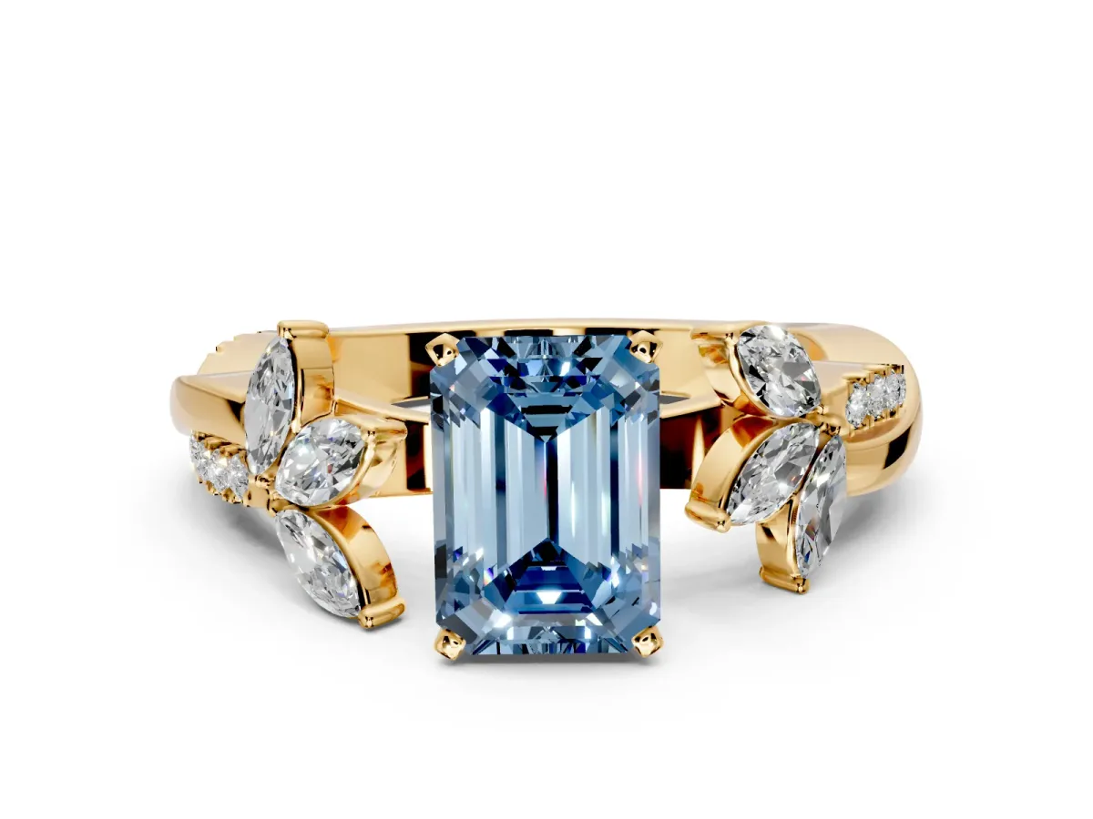 Floral Engagement Ring Setting for Fancy Blue Emerald Cut Center with Trailing Marquise Accents and Prong Head in Yellow Gold