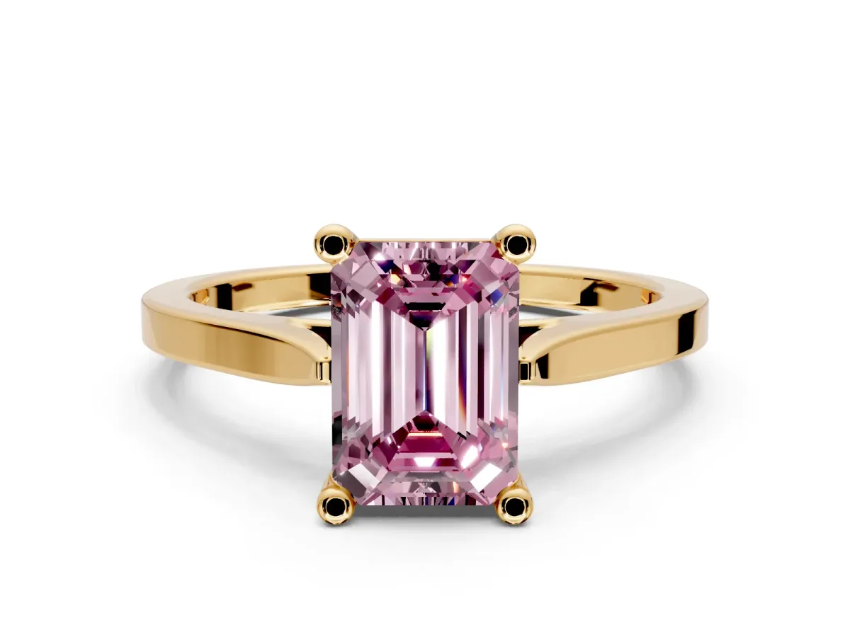 Solitaire Engagement Ring Setting for Fancy Pink Emerald Cut Center with Tapered Shoulders and Prong Head in Yellow Gold