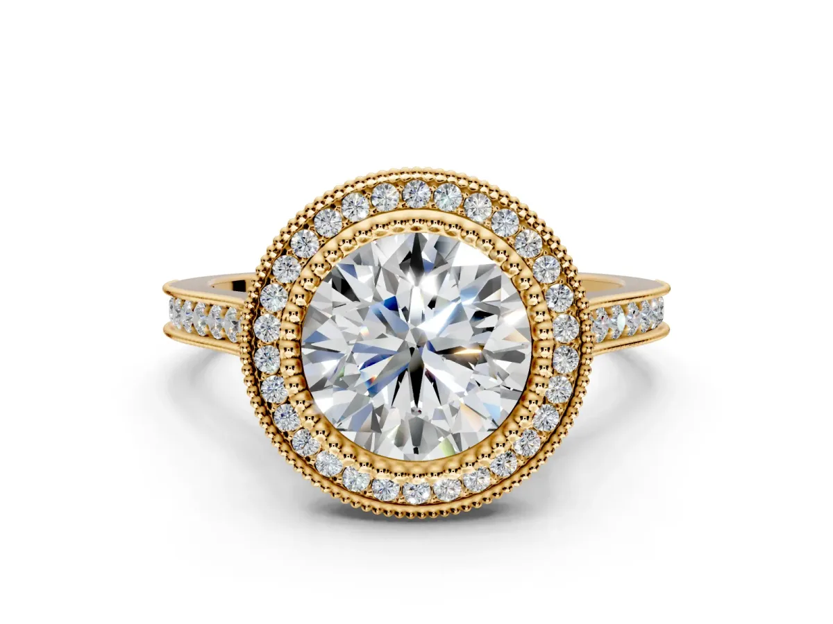 Halo Engagement Ring Setting for Round Cut Center with Milgrain Frame, Pave Band and Prong Head in Yellow Gold