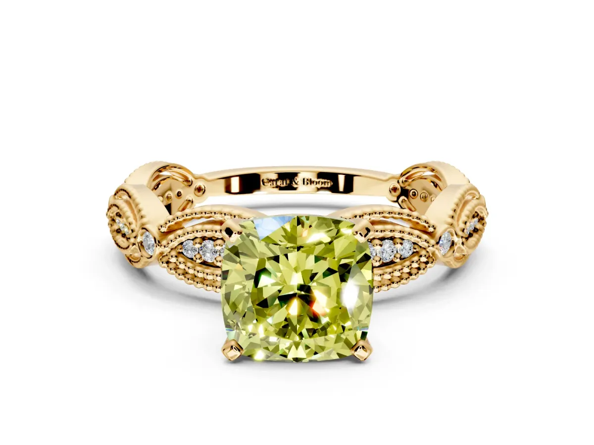 Solitaire Engagement Ring Setting for Fancy Yellow Cushion Cut Center with Marquise Panel Band and Prong Head in Yellow Gold