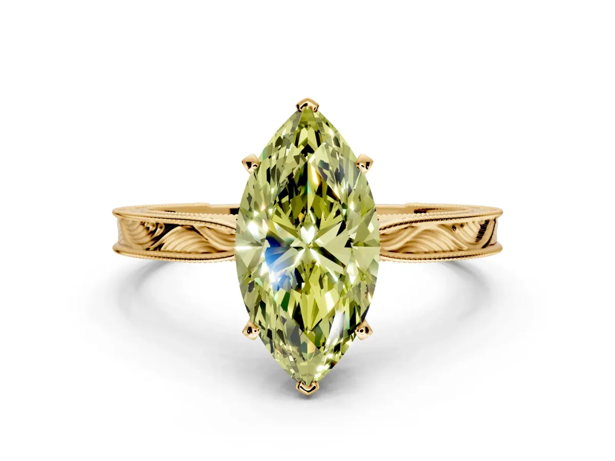 Solitaire Engagement Ring Setting for Fancy Yellow Marquise Center with Engraved Milgrain Band and Prong Head in Yellow Gold