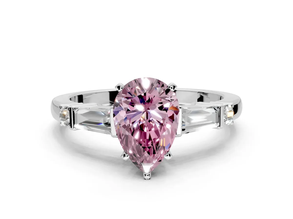 Bar-Set Engagement Ring Setting for Fancy Pink Pear-Shaped Center with Tapered Baguette Accents and Prong Head in Sterling Silver