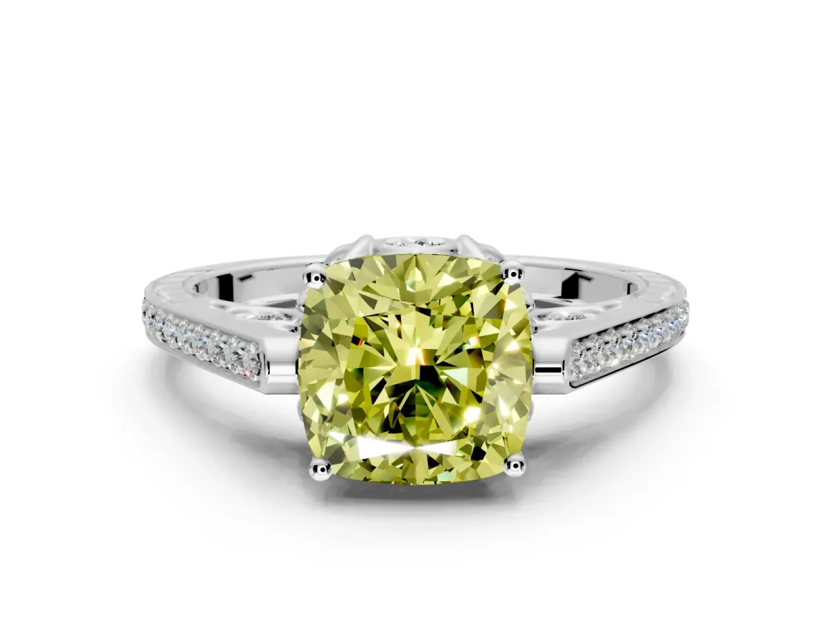 Cathedral Engagement Ring Setting for Fancy Yellow Cushion Cut Center with Antique-Style Pave Band and Prong Head in White Gold