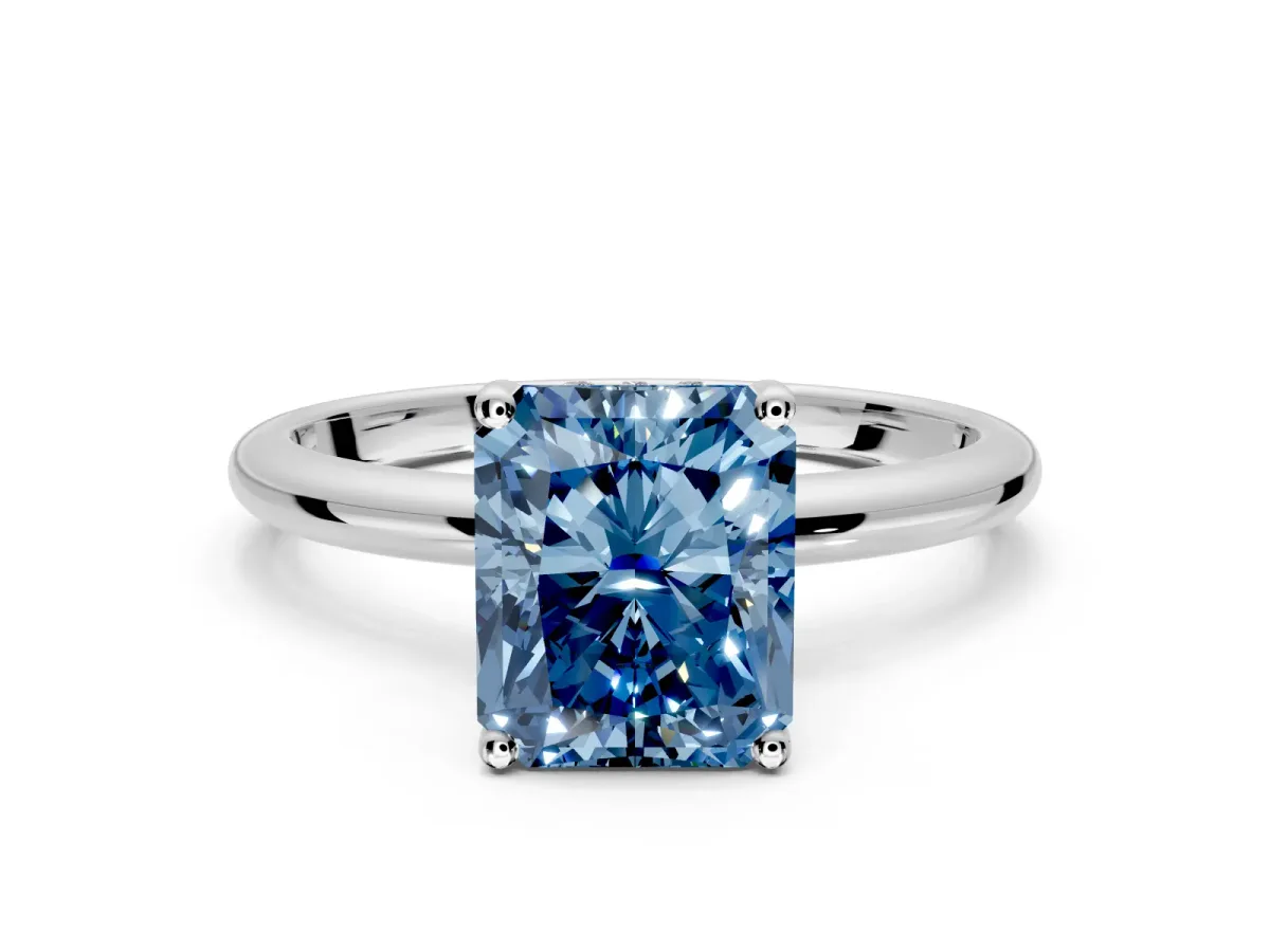 Hidden Halo Engagement Ring Setting for Fancy Blue Radiant Cut Center with Thin Round-Wire Band and Prong Head in Sterling Silver