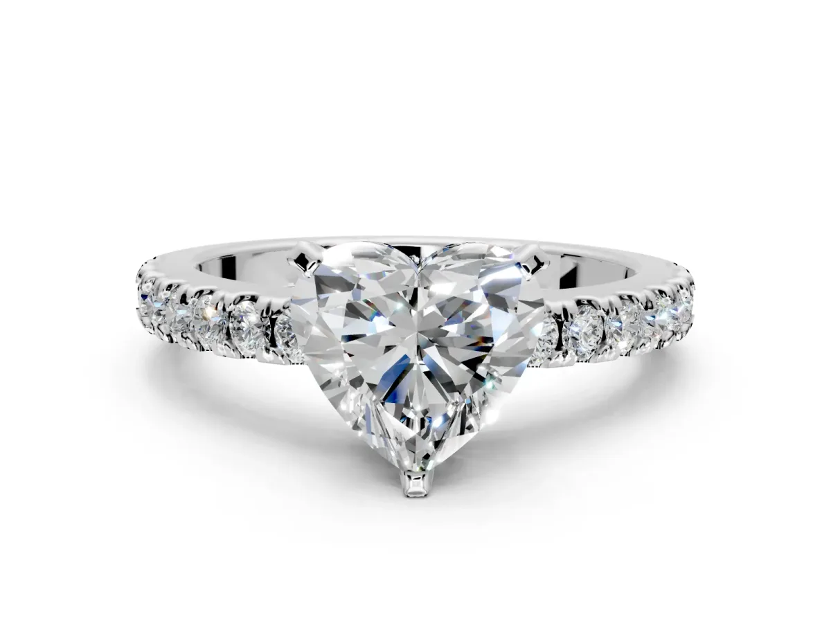 Solitaire Engagement Ring Setting for Heart-Shaped Center with Single Row Accent Band and Prong Head in Sterling Silver