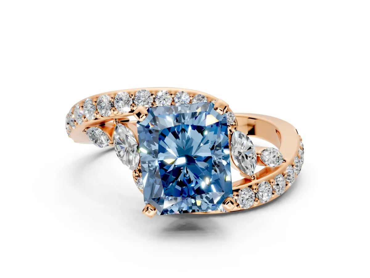 Solitaire Engagement Ring Setting for Fancy Blue Radiant Cut Center with Pave Bypass Twist Band and Prong Head in Rose Gold