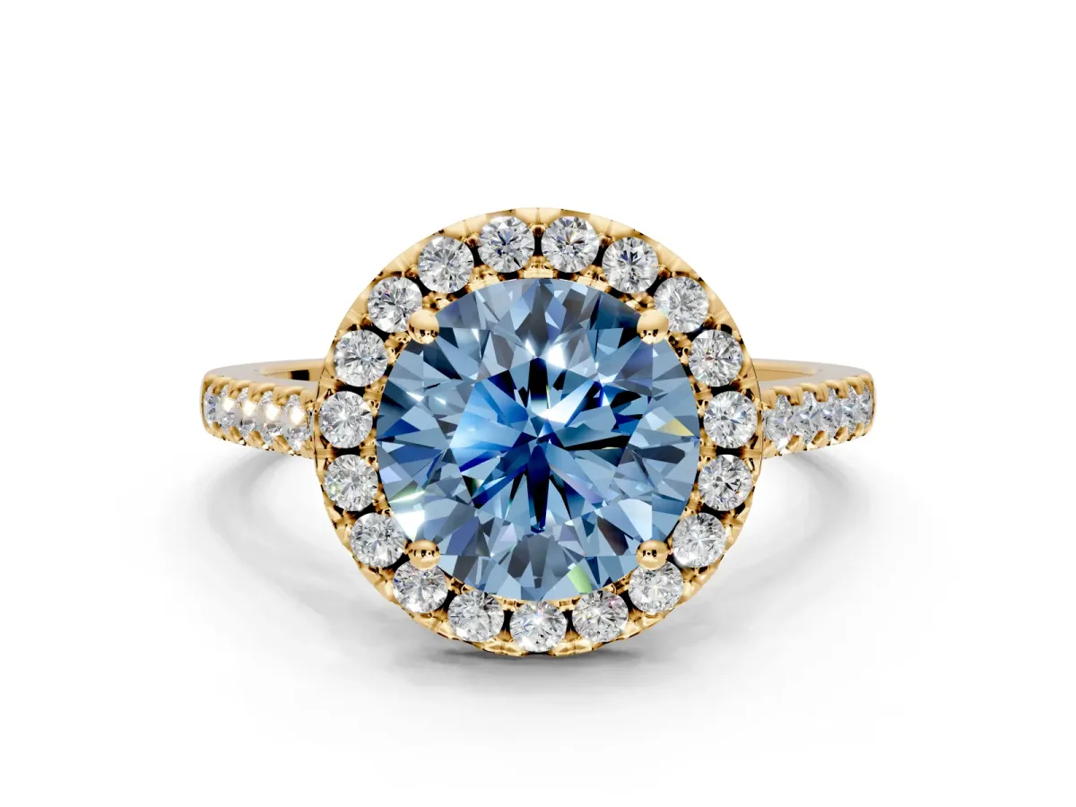 Halo Engagement Ring Setting for Fancy Blue Round Cut Center with Raised Halo, Pave Band and Prong Head in Yellow Gold