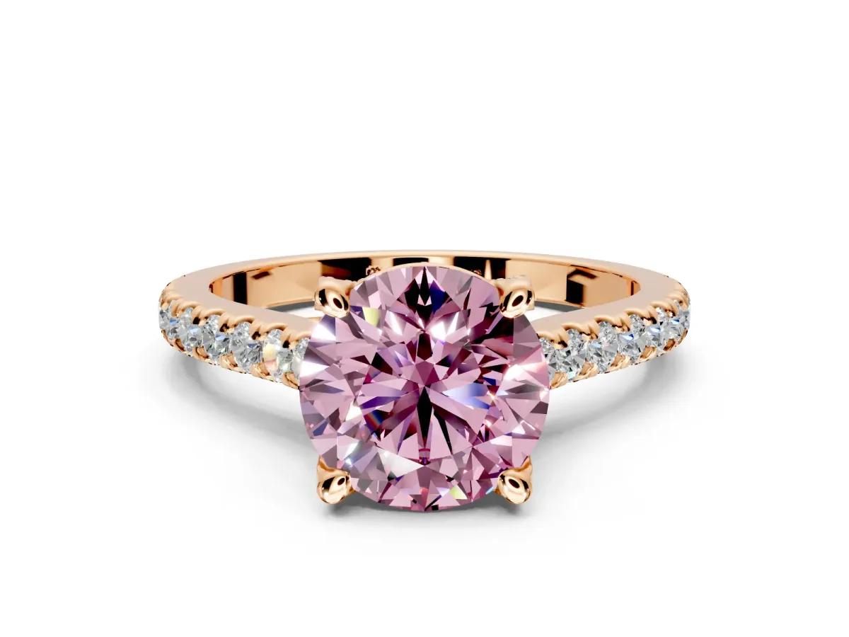 Solitaire Engagement Ring Setting for Fancy Pink Round Cut Center with Widening Pave Band and Claw Prong Head in Rose Gold
