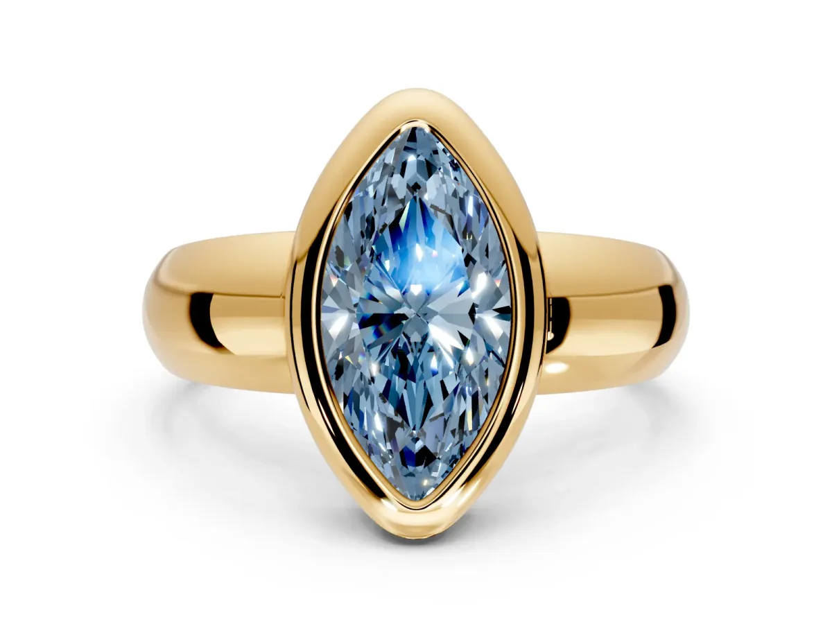 Solitaire Engagement Ring Setting for Fancy Blue Marquise Center with Wide Band and Bezel Head in Yellow Gold