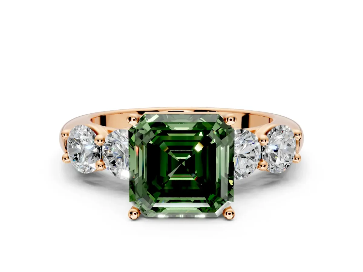 5 Stone Engagement Ring Setting for Fancy Green Asscher Cut Center with Graduated Accents and Prong Head in Rose Gold