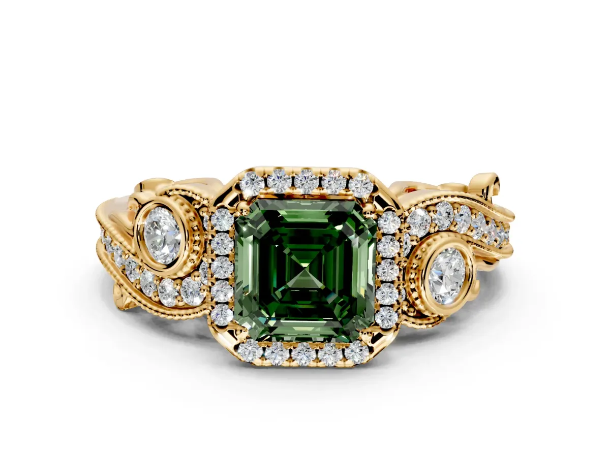 Milgrain Halo Engagement Ring Setting for Fancy Green Asscher Cut Center with Shoulder Bezels and Prong Head in Yellow Gold