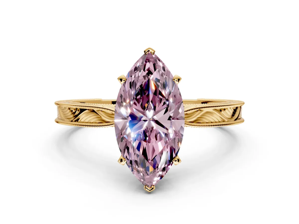 Solitaire Engagement Ring Setting for Fancy Pink Marquise Center with Engraved Milgrain Band and Prong Head in Yellow Gold