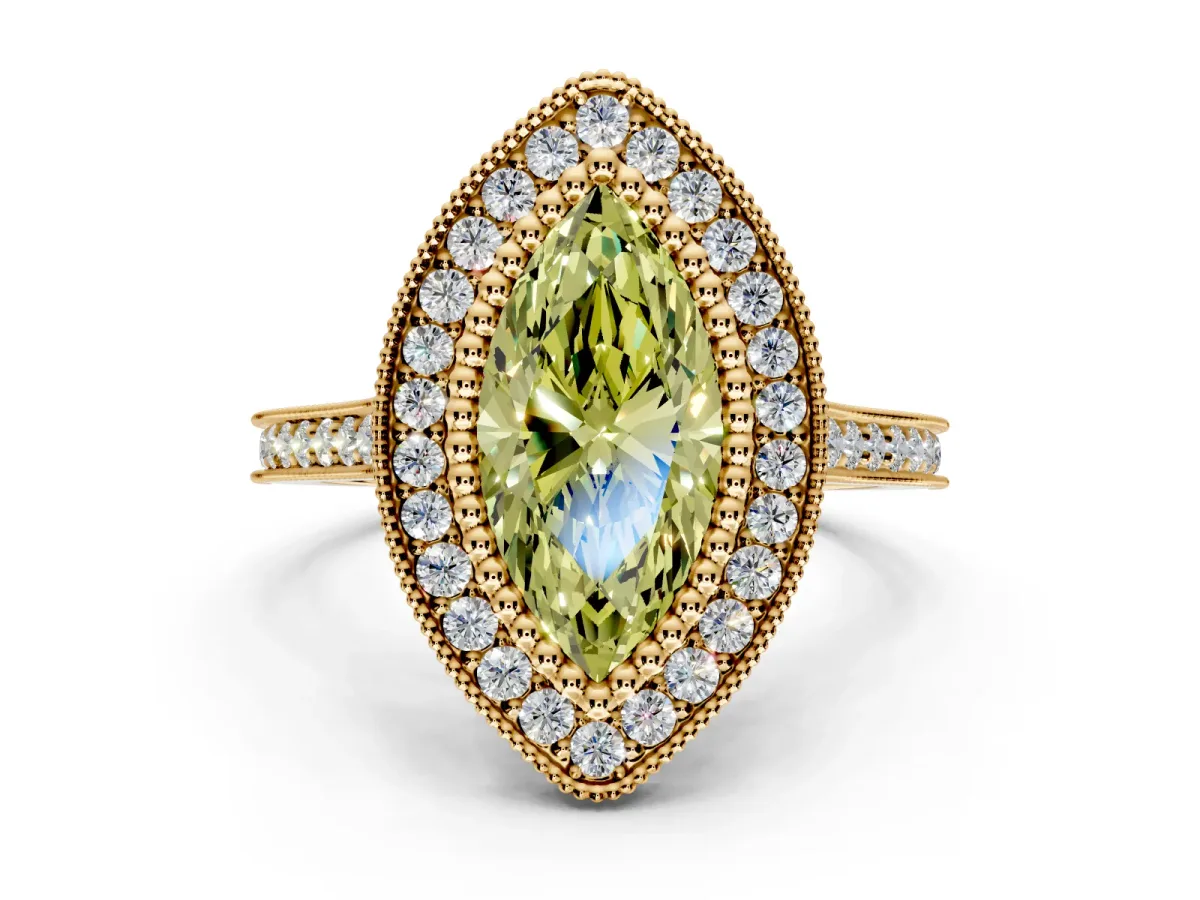 Halo Engagement Ring Setting for Fancy Yellow Marquise Center with Milgrain Frame, Pave Band and Prong Head in Yellow Gold