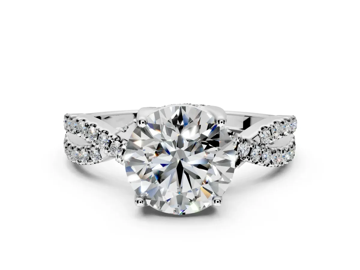 Solitaire Engagement Ring Setting for Round Cut Center with Narrow Twist Pave Band and Prong Head in Platinum