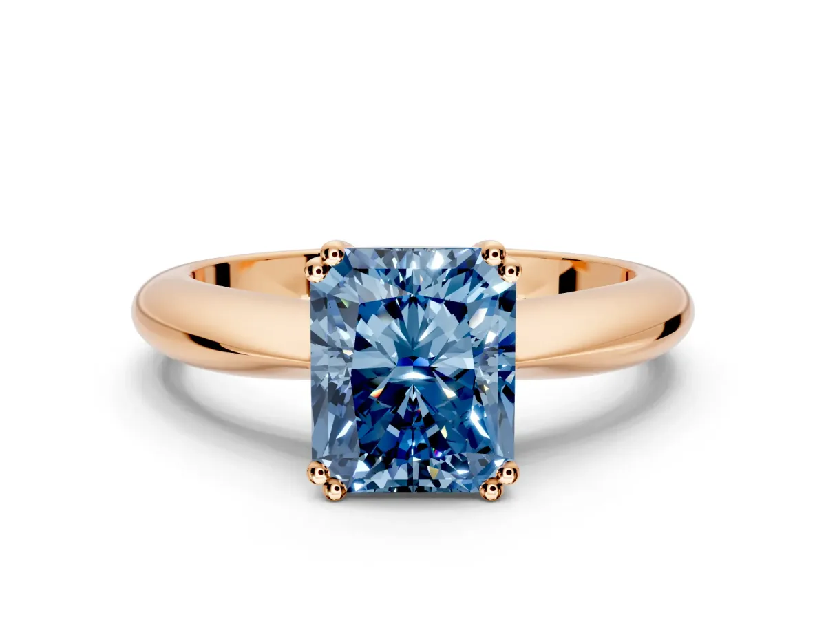 Solitaire Engagement Ring Setting for Fancy Blue Radiant Cut Center with Reverse Tapered Band and Prong Head in Rose Gold