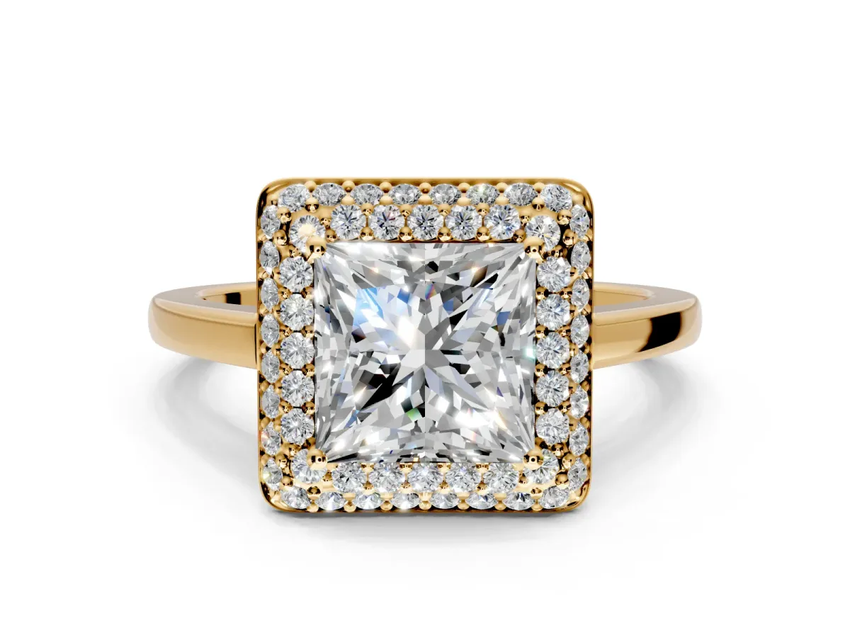 Halo Engagement Ring Setting for Princess Cut Center with Plain Tapered Band and Prong Head in Yellow Gold