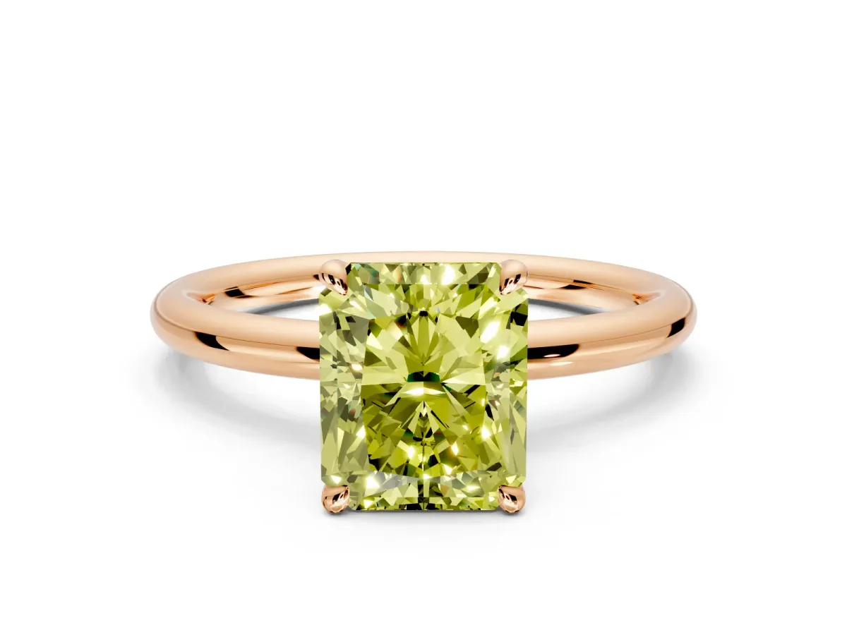 Hidden Halo Engagement Ring Setting for Fancy Yellow Radiant Cut Center with Thin Rounded Band and Prong Head in Rose Gold