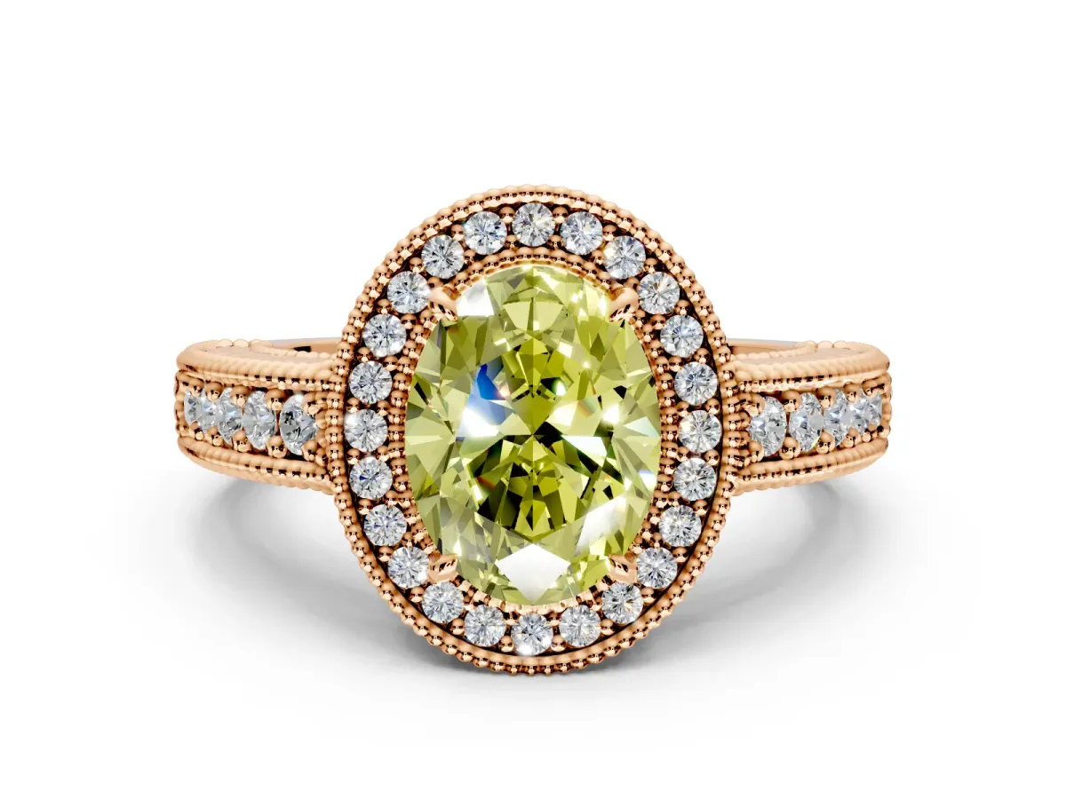 Milgrain Halo Engagement Ring Setting for Fancy Yellow Oval Center with Pave Band and Prong Head in Rose Gold