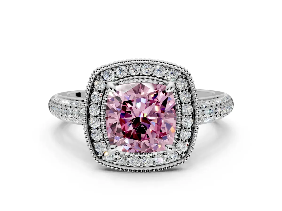 Milgrain Halo Engagement Ring Setting for Fancy Pink Cushion Cut Center with Three-Sided Pave Band and Prong Head in White Gold