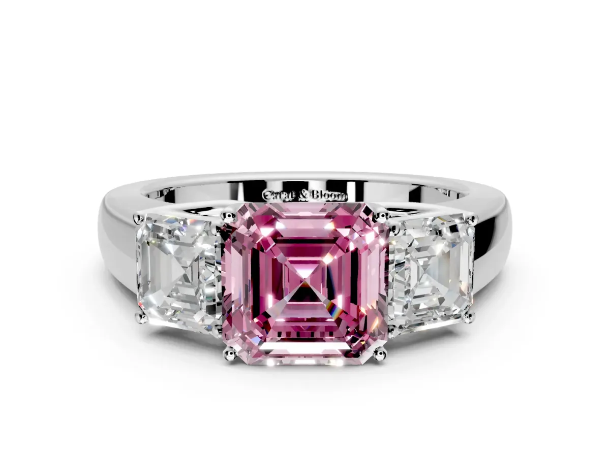 3 Stone Engagement Ring Setting for Fancy Pink Asscher Cut Center with Raised Basket Heads and Prong Head in Platinum