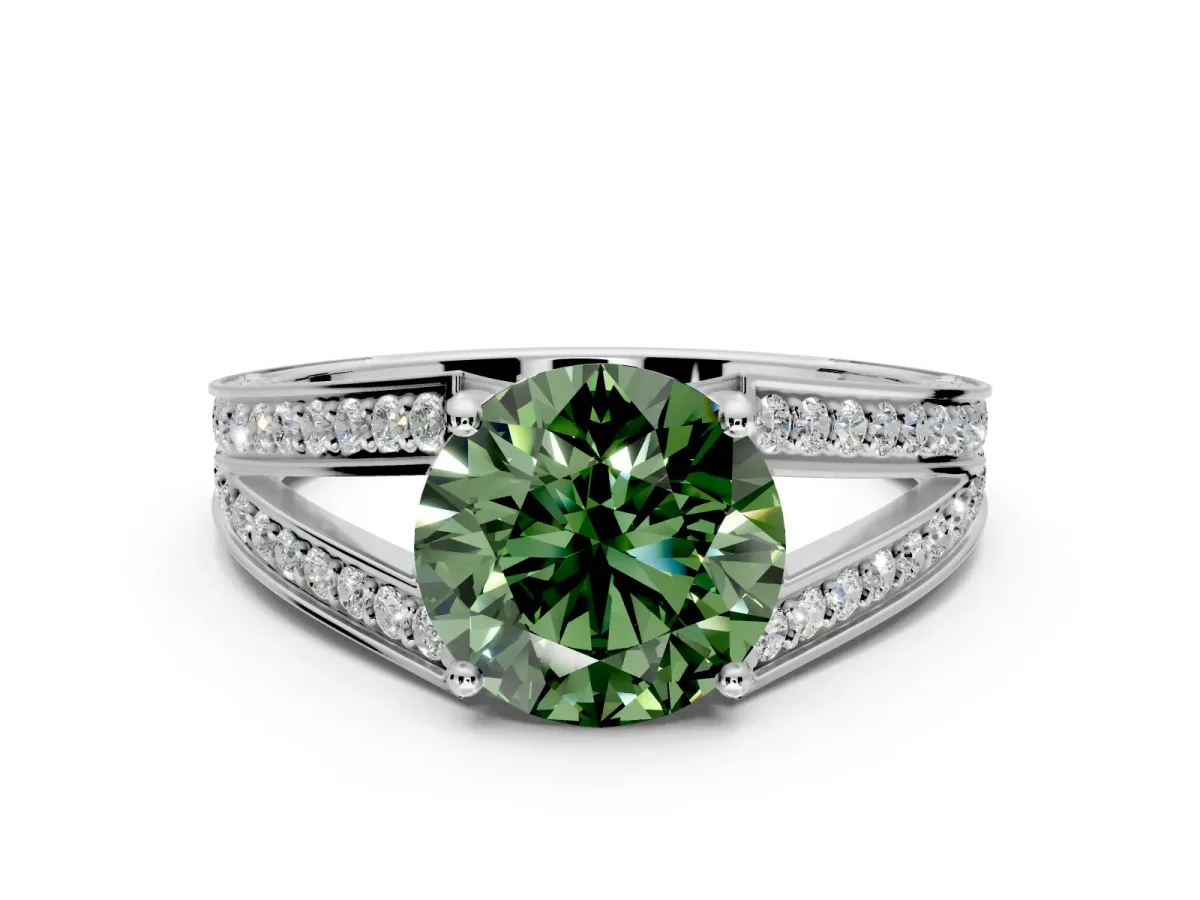 Split Shank Engagement Ring Setting for Fancy Green Round Cut Center with Pave Split Shank and Prong Head in White Gold
