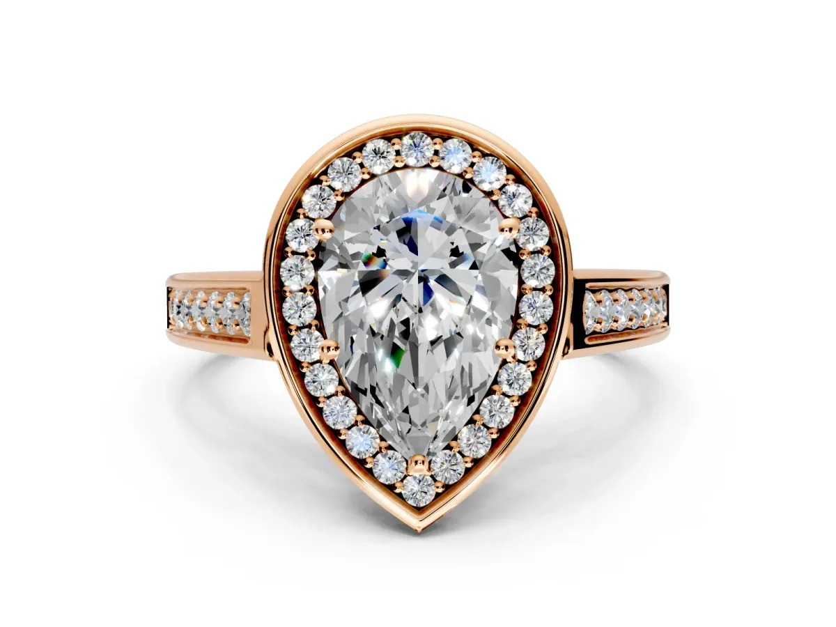 Halo Engagement Ring Setting for Pear-Shaped Center with Outer Bezel Rim, Pave Band and Prong Head in Rose Gold