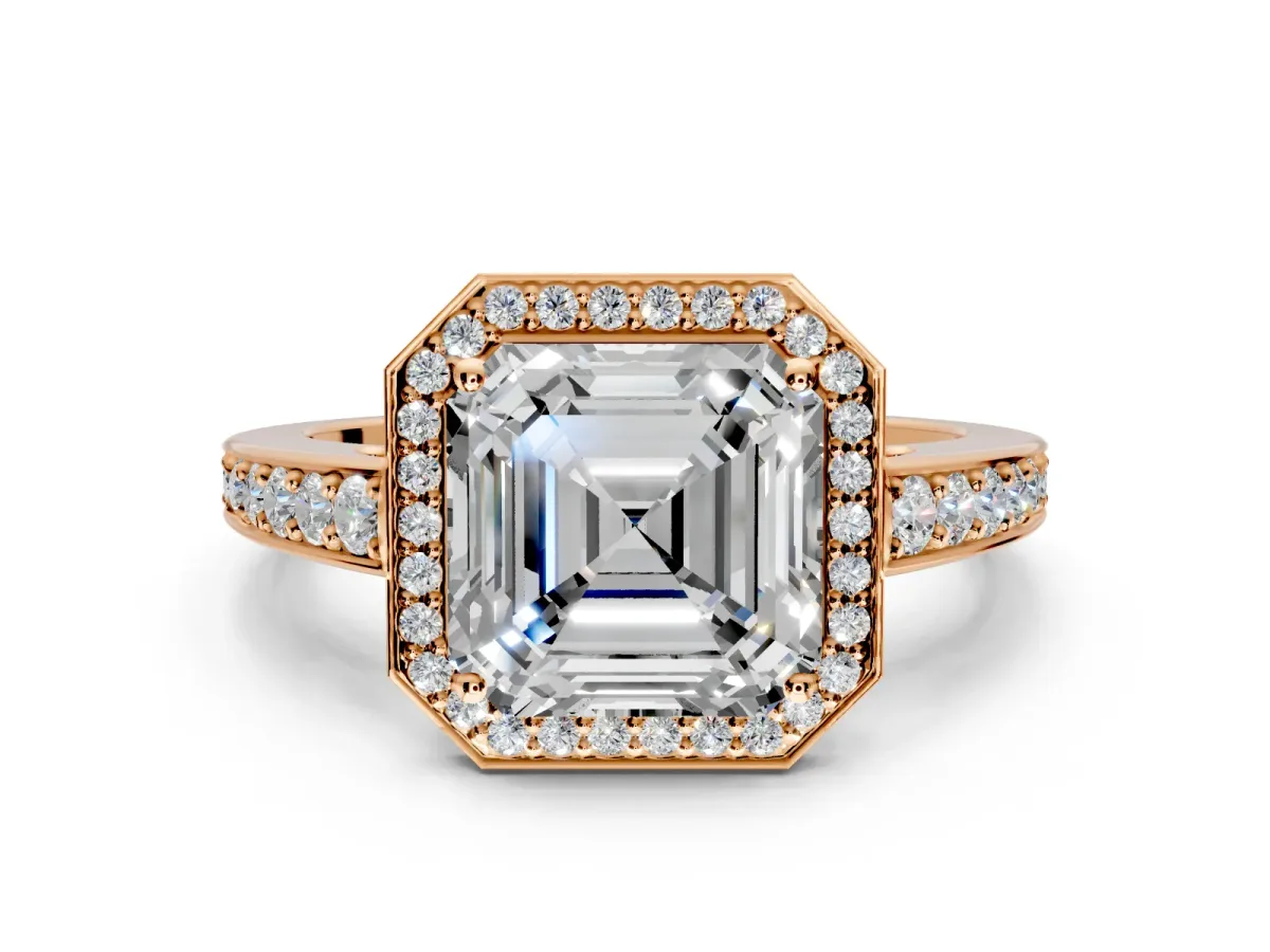 Bezel-Framed Halo Engagement Ring Setting for Asscher Cut Center with Pave Band and Prong Head in Rose Gold