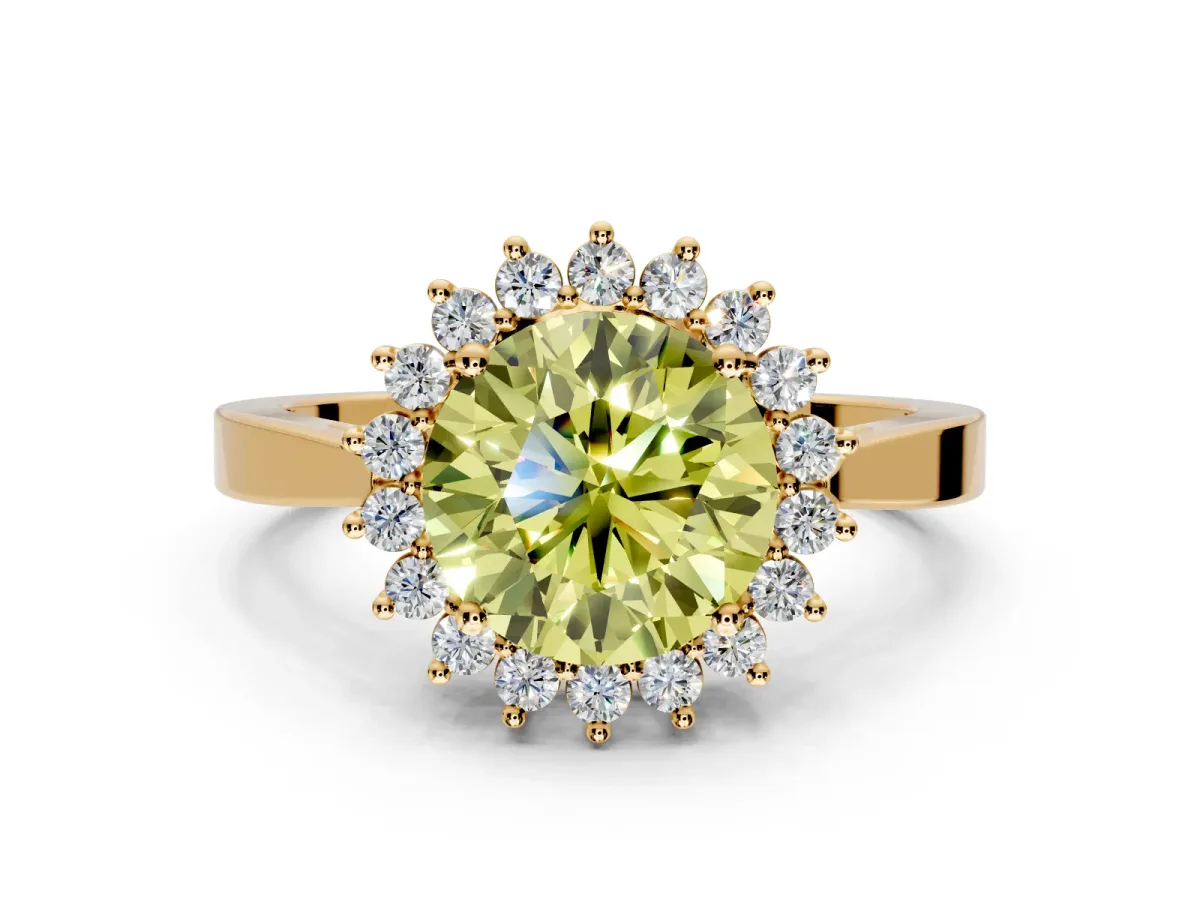 Starburst Halo Engagement Ring Setting for Fancy Yellow Round Cut Center with Flat Cathedral Band and Prong Head in Yellow Gold