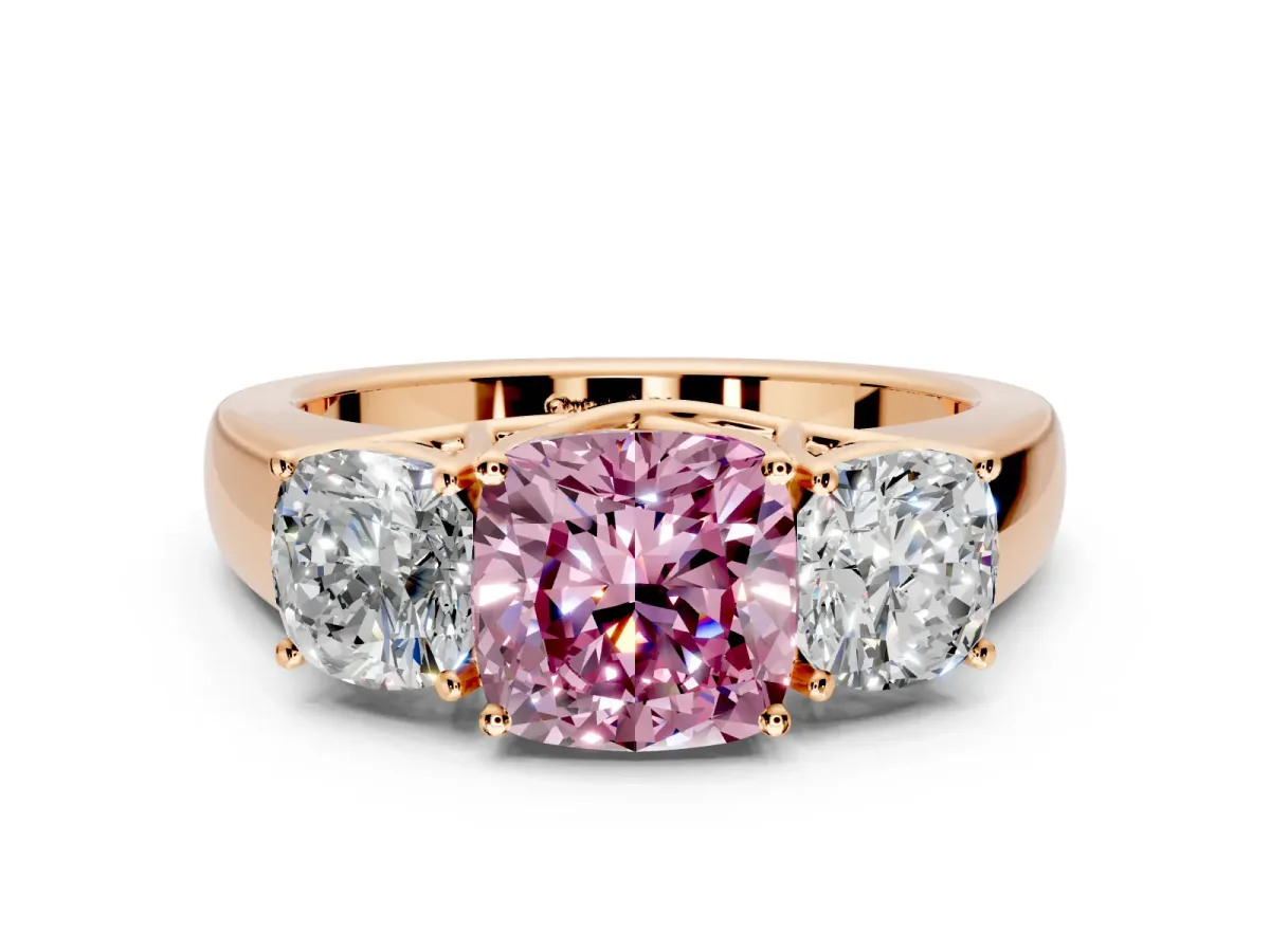 3 Stone Engagement Ring Setting for Fancy Pink Cushion Cut Center with Raised Basket Heads and Prong Head in Rose Gold