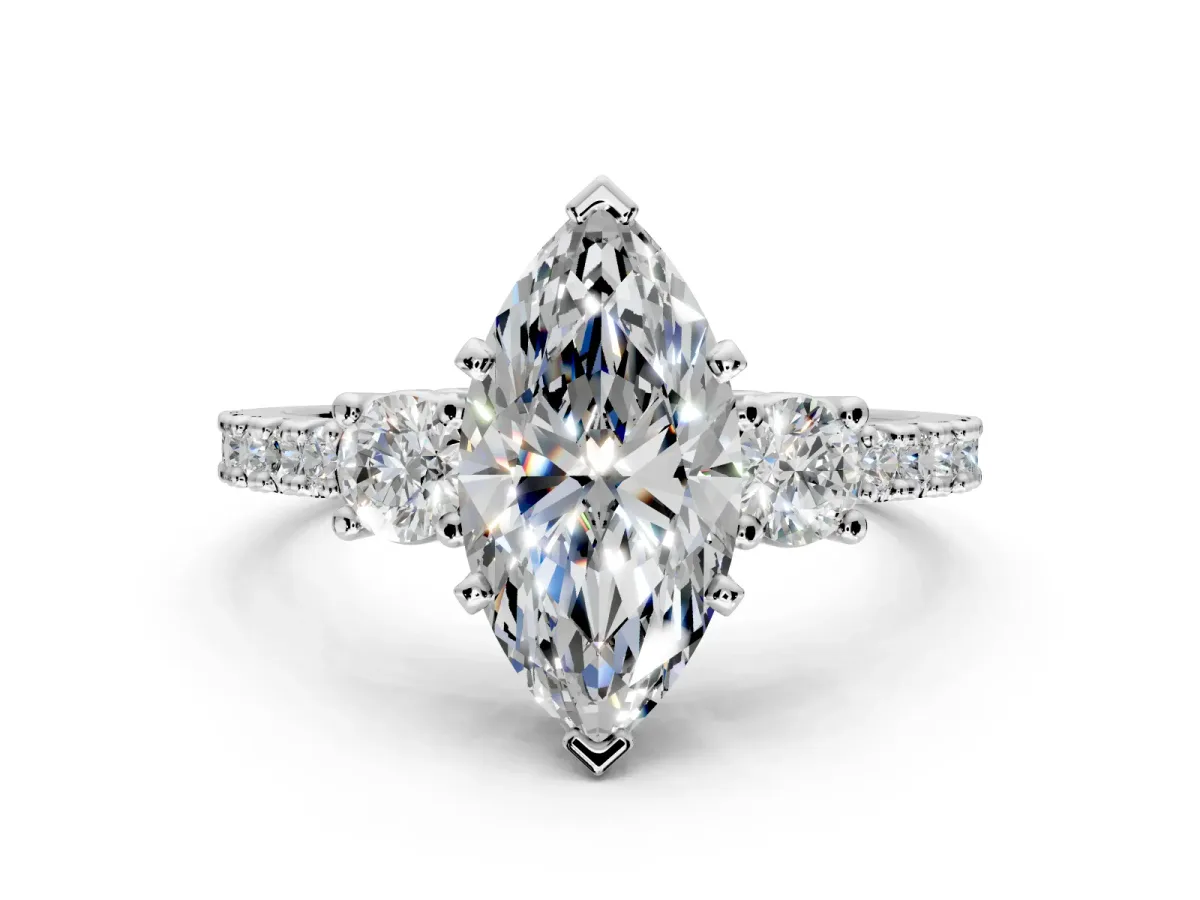 3 Stone Engagement Ring Setting for Marquise Center with Round Cut Side Accents and Prong Head in Platinum