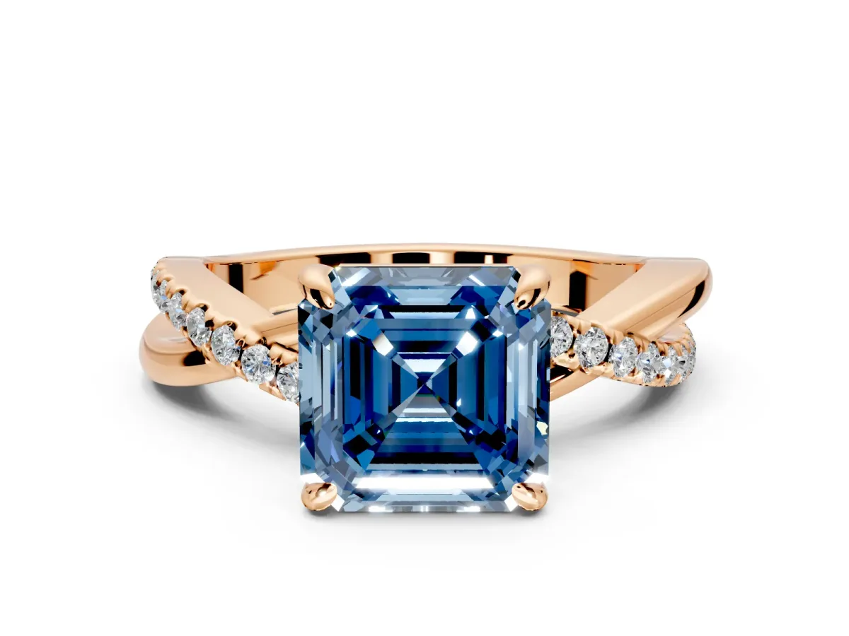 Solitaire Engagement Ring Setting for Fancy Blue Asscher Cut Center with Half-Pave Crossover Band and Prong Head in Rose Gold