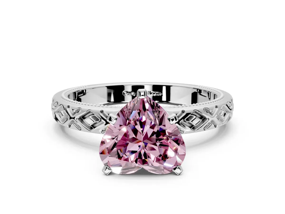 Solitaire Engagement Ring Setting for Fancy Pink Heart-Shaped Center with Milgrain X Pattern Band and Prong Head in Platinum