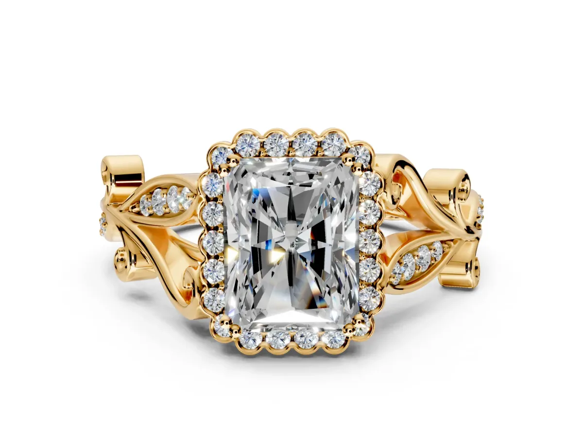 Halo Engagement Ring Setting for Radiant Cut Center with Leaf Motif Split Shank and Prong Head in Yellow Gold