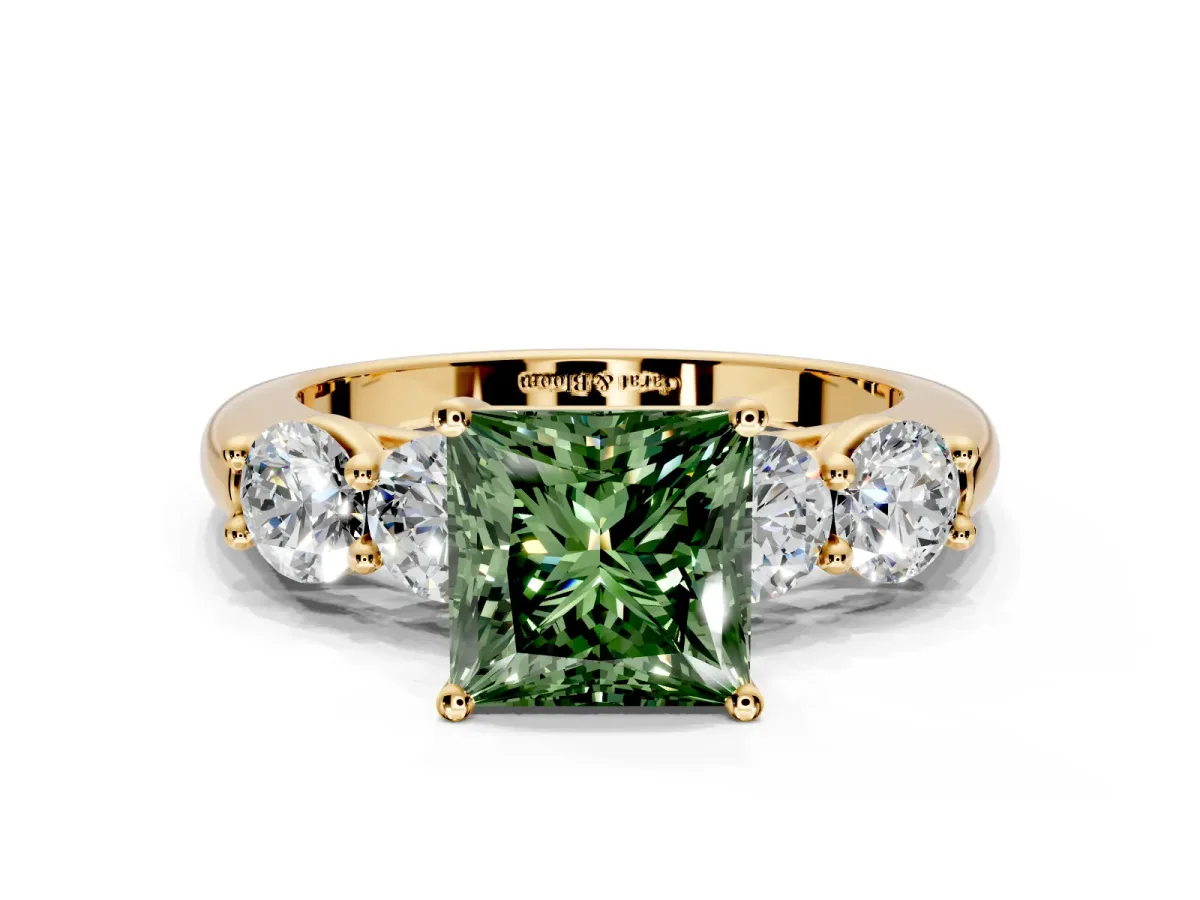 5 Stone Engagement Ring Setting for Fancy Green Princess Cut Center with Graduated Accents and Prong Head in Yellow Gold