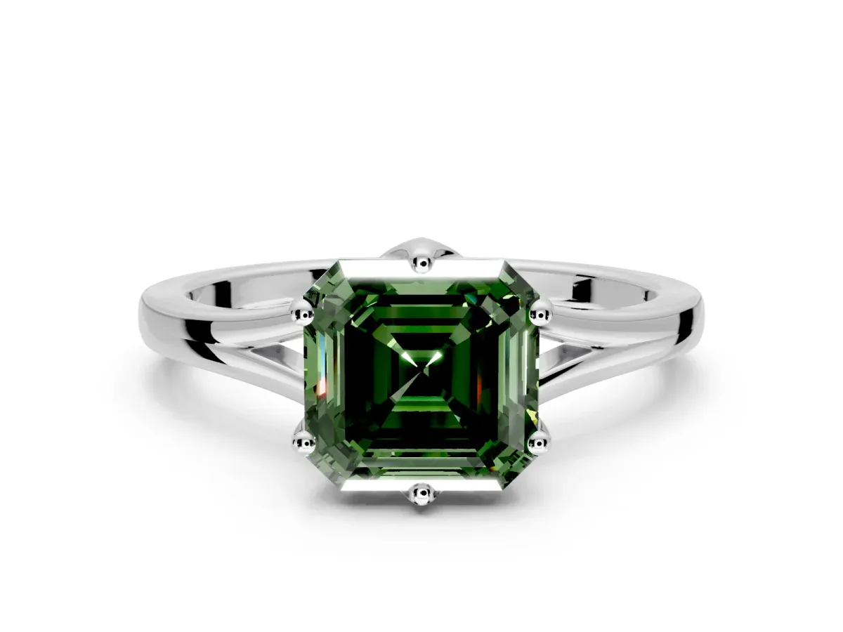 Solitaire Engagement Ring Setting for Fancy Green Asscher Cut Center with Plain Split Shank and Prong Head in Sterling Silver