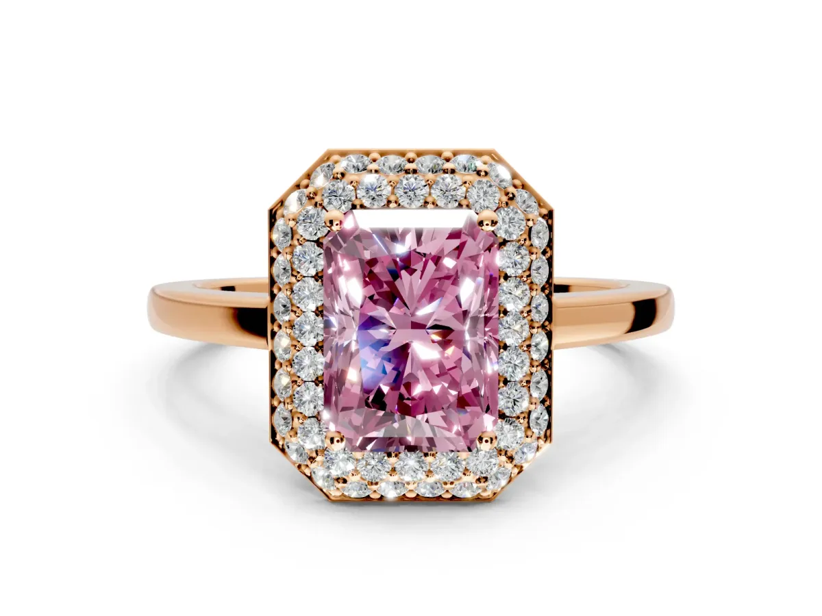 Halo Engagement Ring Setting for Fancy Pink Radiant Cut Center with Plain Tapered Band and Prong Head in Rose Gold