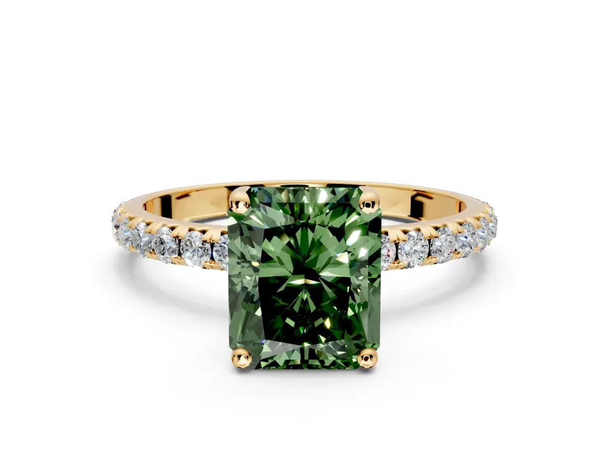 Solitaire Engagement Ring Setting for Fancy Green Radiant Cut Center with Micro Pave Band and Prong Head in Yellow Gold