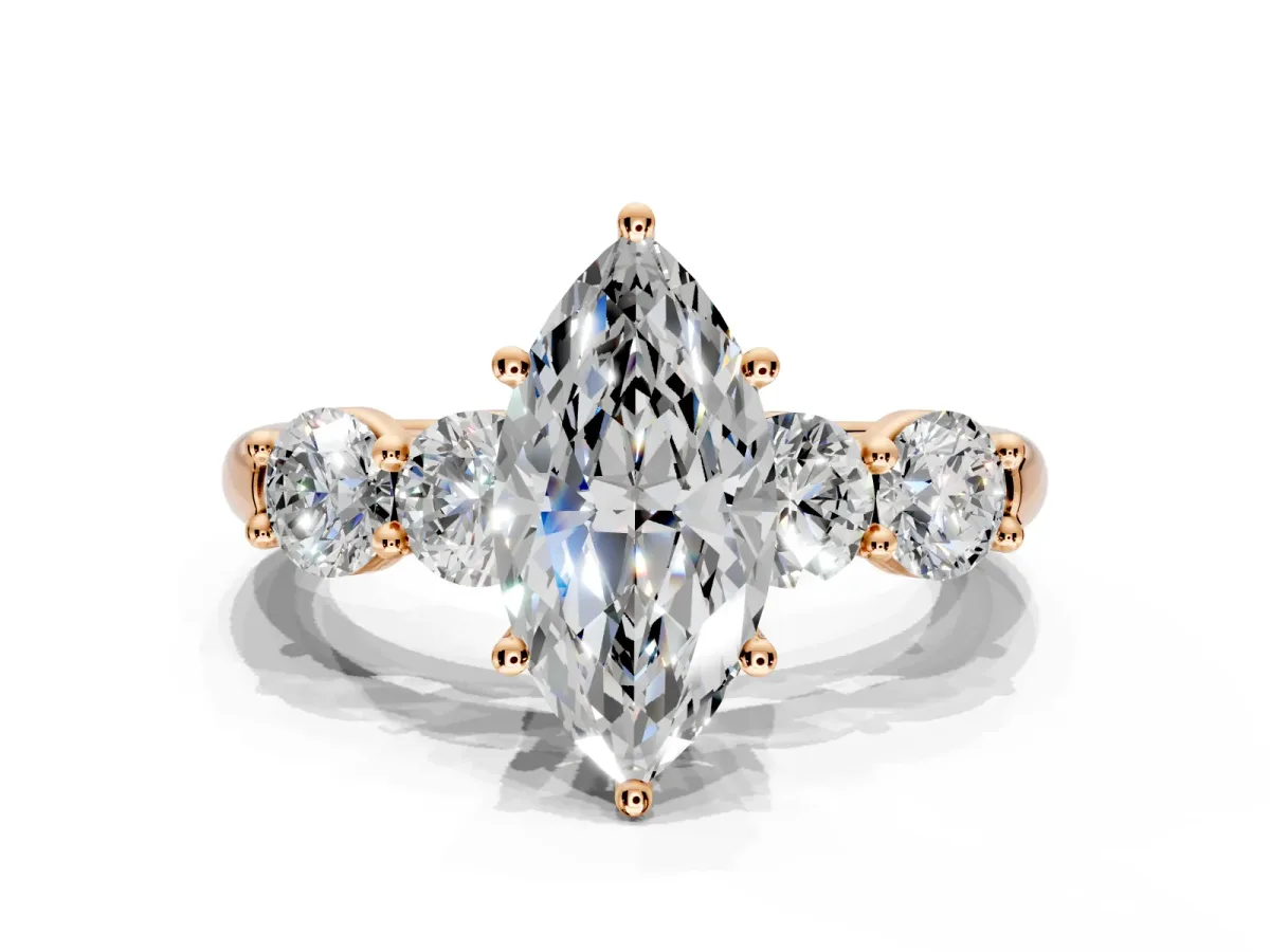 5 Stone Engagement Ring Setting for Marquise Center with Graduated Accents and Prong Head in Rose Gold