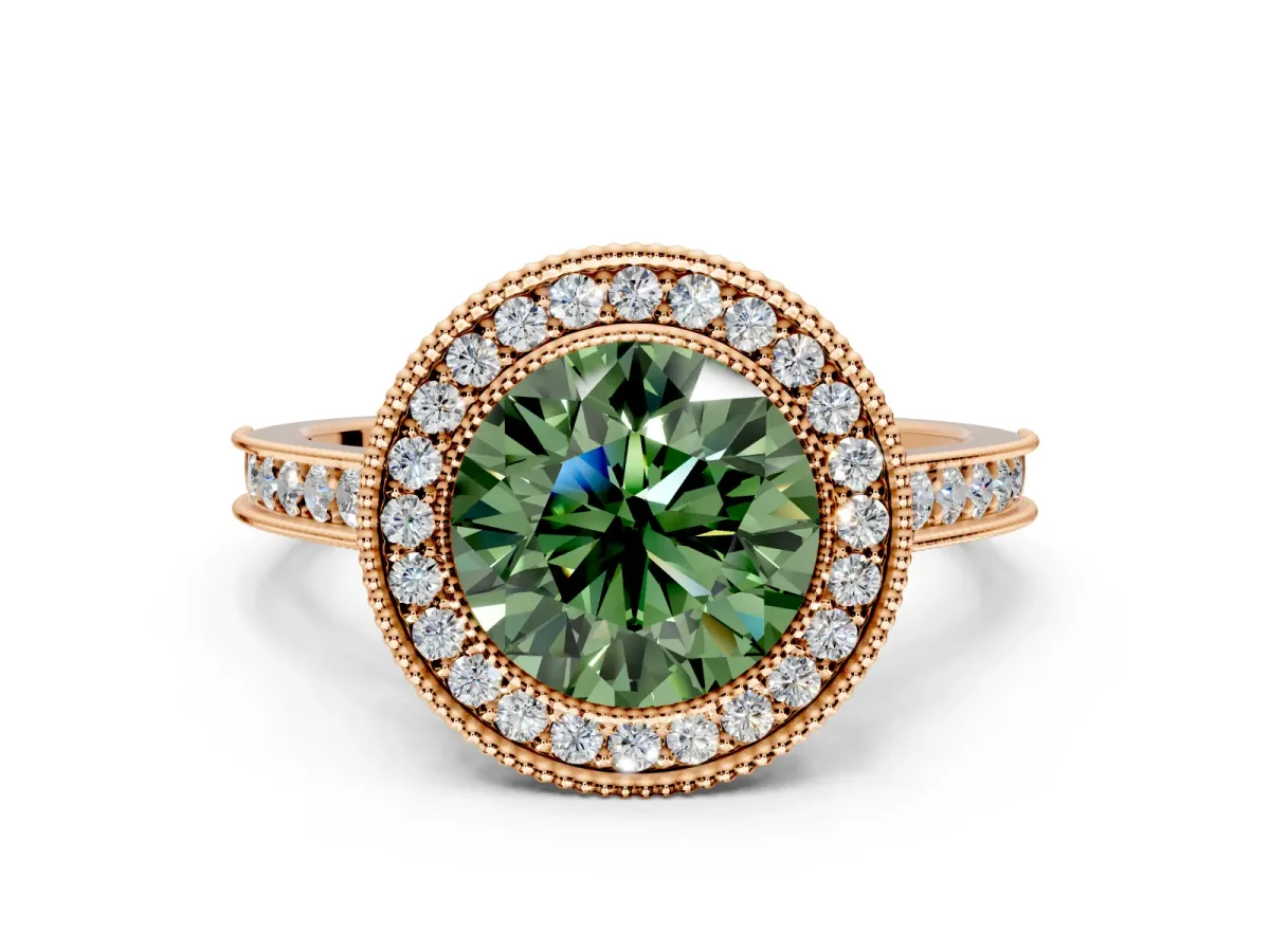 Halo Engagement Ring Setting for Fancy Green Round Cut Center with Milgrain Pave Band and Bezel Head in Rose Gold