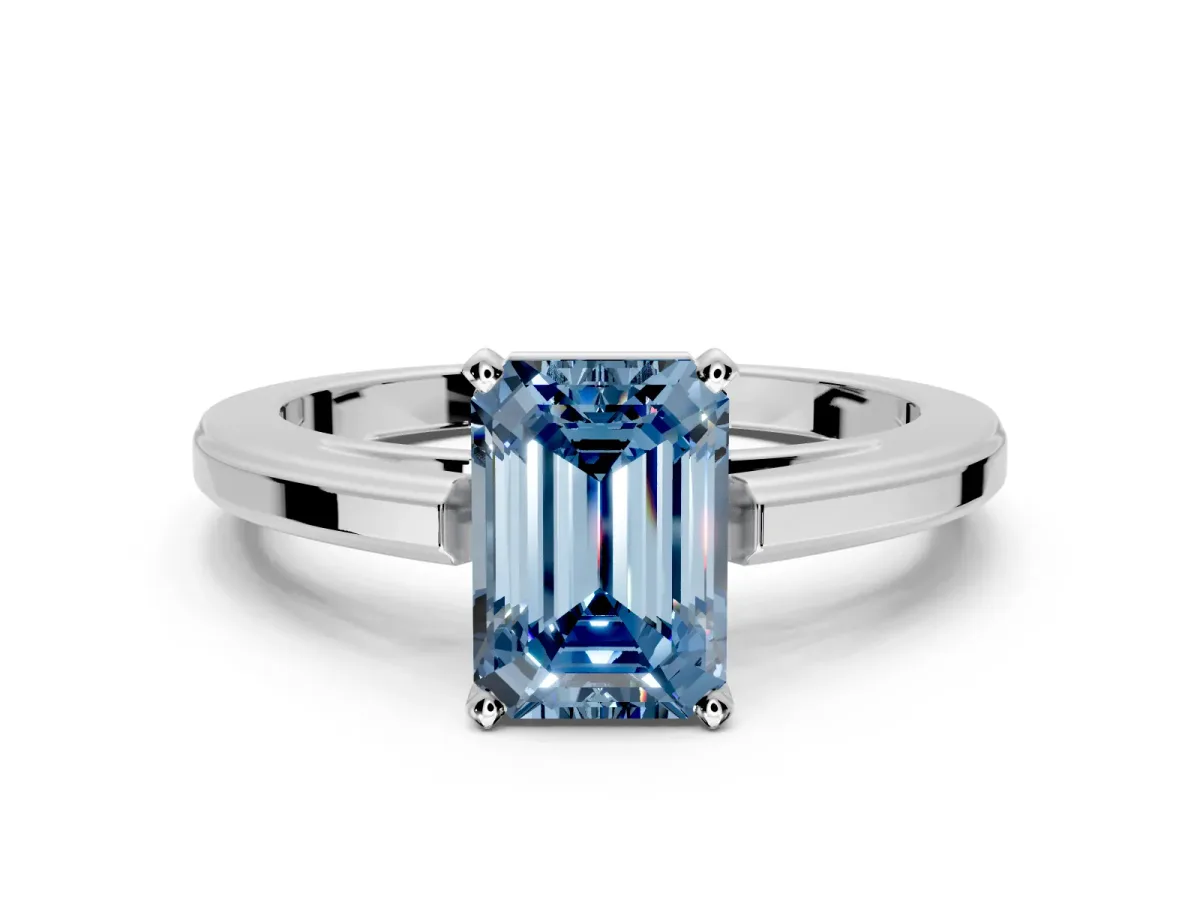 Solitaire Engagement Ring Setting for Fancy Blue Emerald Cut Center with Flat-Sided Plain Band and Prong Head in White Gold