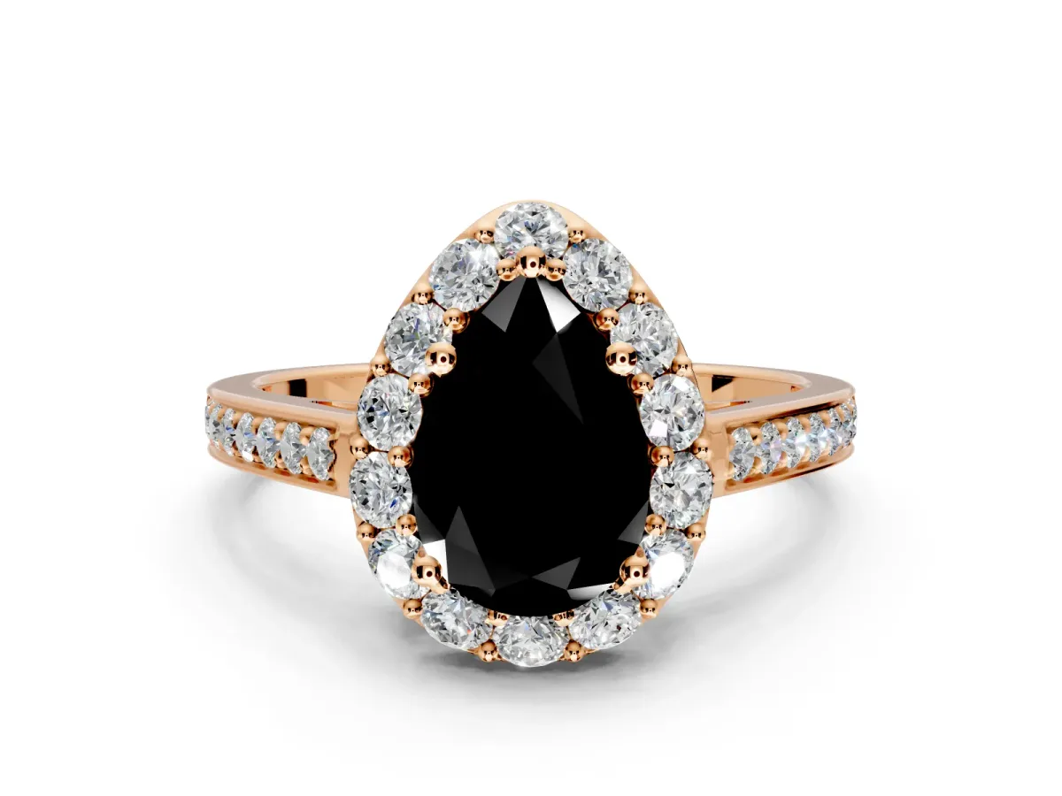 Floral Halo Engagement Ring Setting for Fancy Black Pear-Shaped Center with Large Halo Accents and Prong Head in Rose Gold