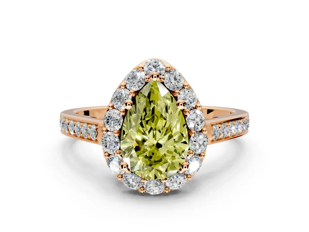 Floral Halo Engagement Ring Setting for Fancy Yellow Pear-Shaped Center with Large Halo Accents and Prong Head in Rose Gold