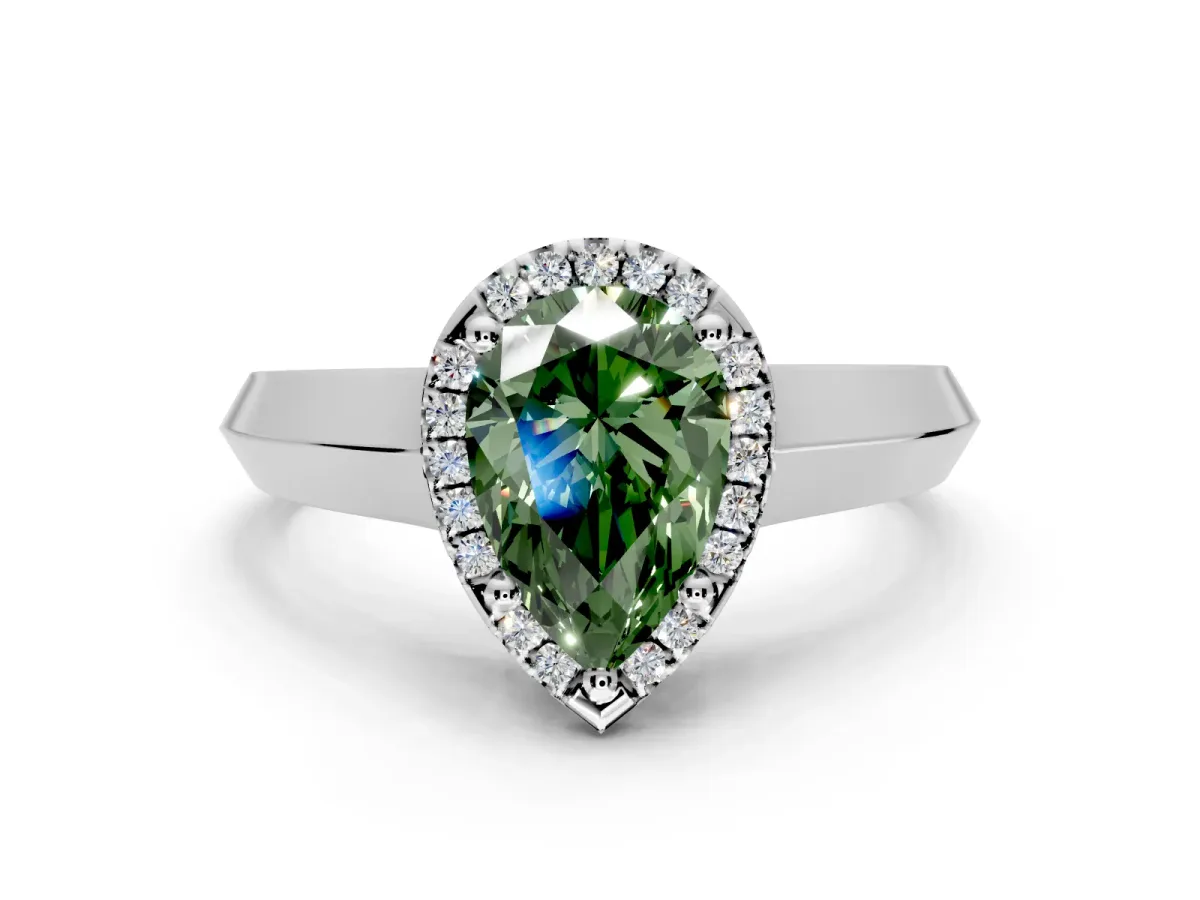 Halo Engagement Ring Setting for Fancy Green Pear-Shaped Center with Knife Ridge Cathedral Band and Prong Head in White Gold