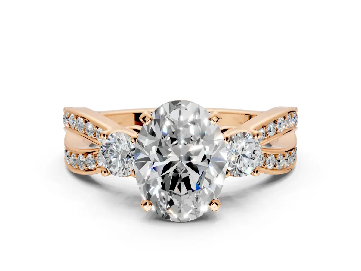 3 Stone Engagement Ring Setting for Oval Center with Pave Twist Band and Prong Head in Rose Gold