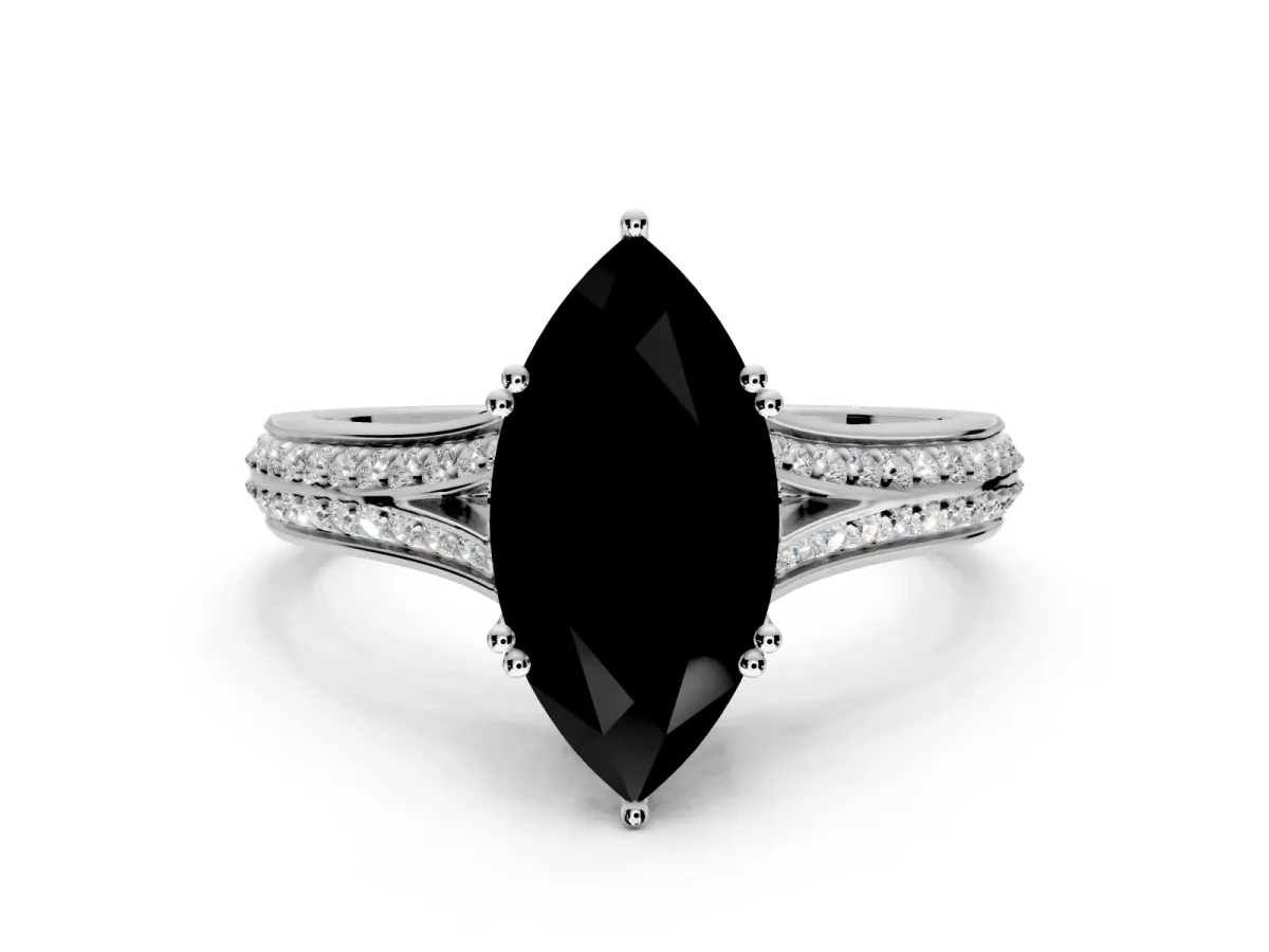 Solitaire Engagement Ring Setting for Fancy Black Marquise Center with Pave Rail Split Shank and Prong Head in Sterling Silver