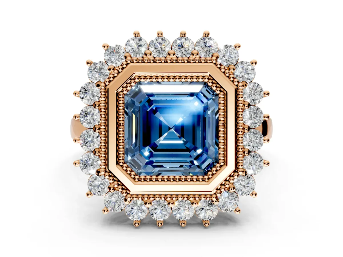 Halo Engagement Ring Setting for Fancy Blue Asscher Cut Center with Milgrain Bezel Rim, Plain Band and Prong Head in Rose Gold
