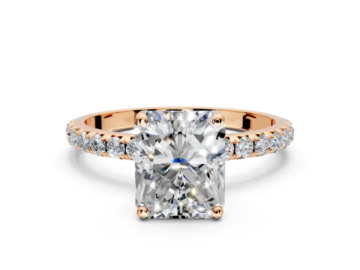 Solitaire Engagement Ring Setting for Radiant Cut Center with Micro Pave Band and Prong Head in Rose Gold